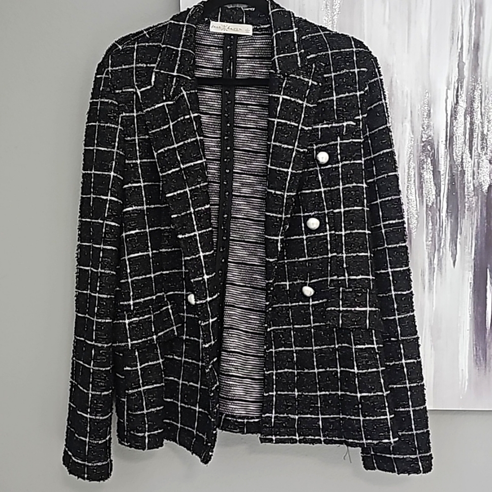 Polyester Cotton black with white stripes and gold button blazer.